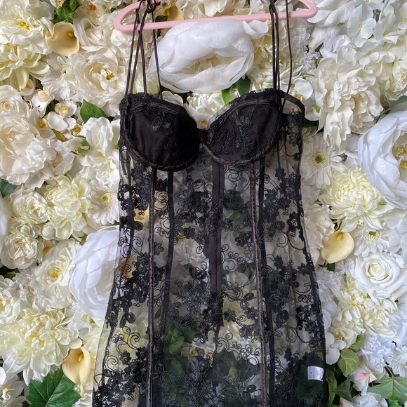 Sheer Black Floral Embroidered Bustier Mini Dress - Picture 1 of 7